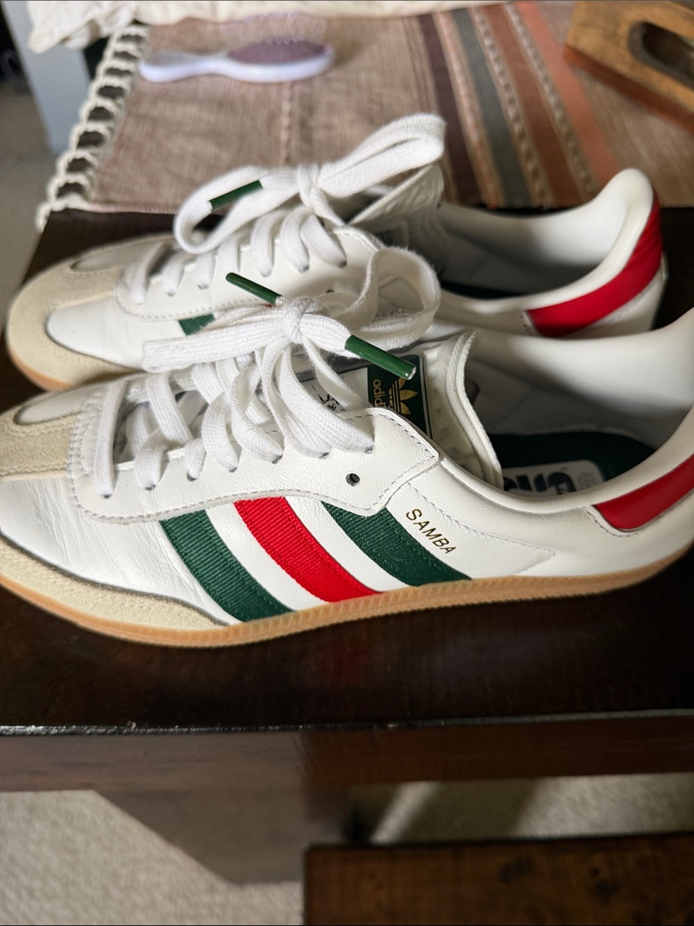 adidas Samba White Sneakers with Green & Red Stripes